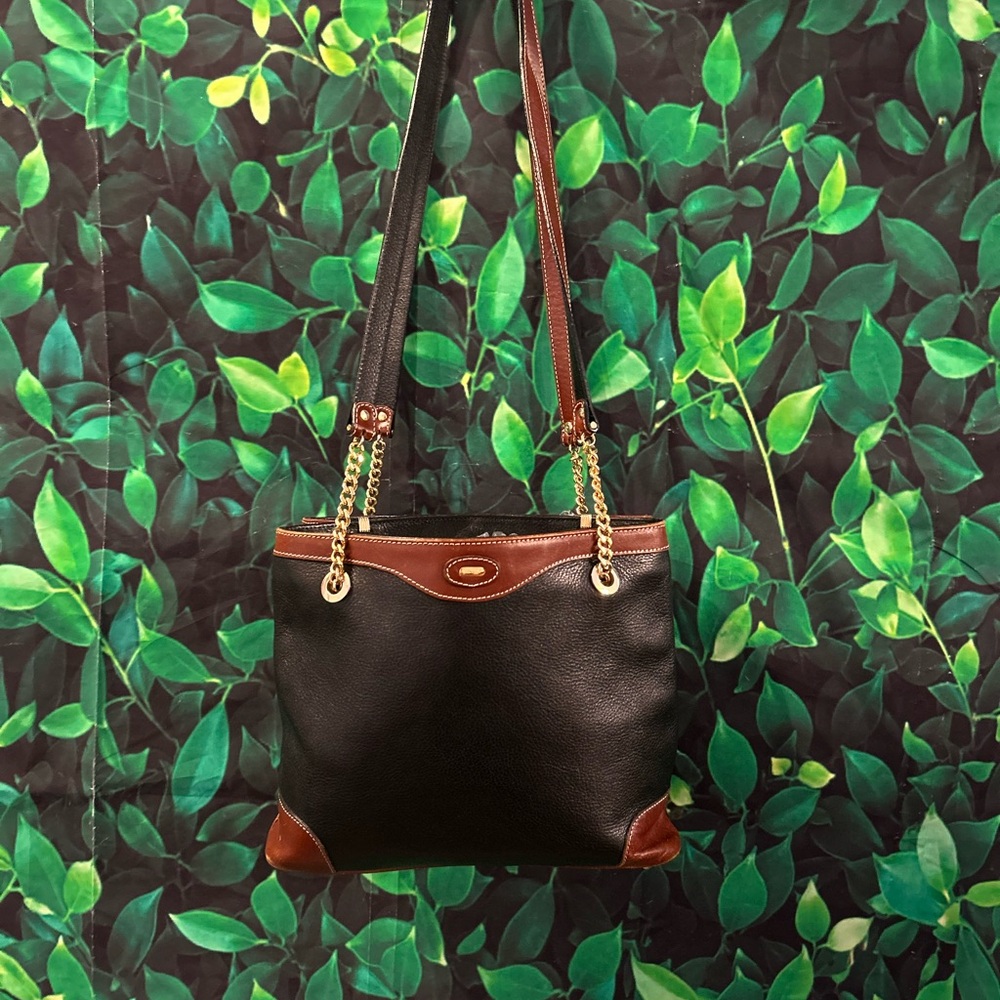 Vintage Bally Black Brown Leather Shoulder Tote Gold Chain Made in Italy